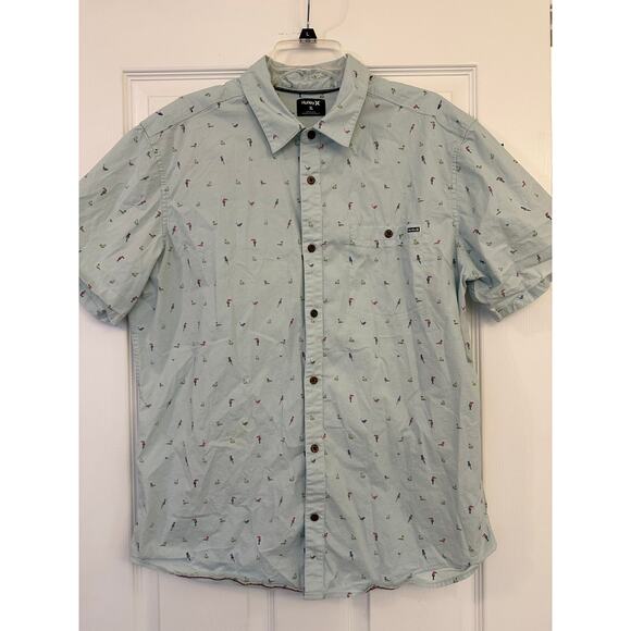 HURLEY BLUE PARROT PRINT SHORT SLEEVE BUTTON DOWN SHIRT SZ XL - Picture 1 of 6